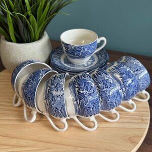 Vintage 8 Staffordshire Liberty Blue Old North Church & Revere Tea Cups & Saucer